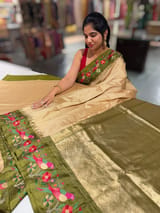 Beige kanchi vintage checks soft silk saree with pythani inspired parrot embroidered border SS50130