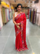 Bright Red Pure Gajji Silk Rai bandhej Saree with petite point embroidery