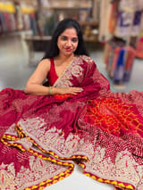 Burgundy Designer Rai Bandhej Saree With Embroidered Border SS50486