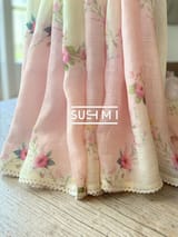 Ombre Dyed Floral Printed Pure Linen Saree