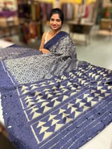 Midnight Blue Cambodian–inspired Ikkat Silk Saree with cutwork Rose Border SS50346