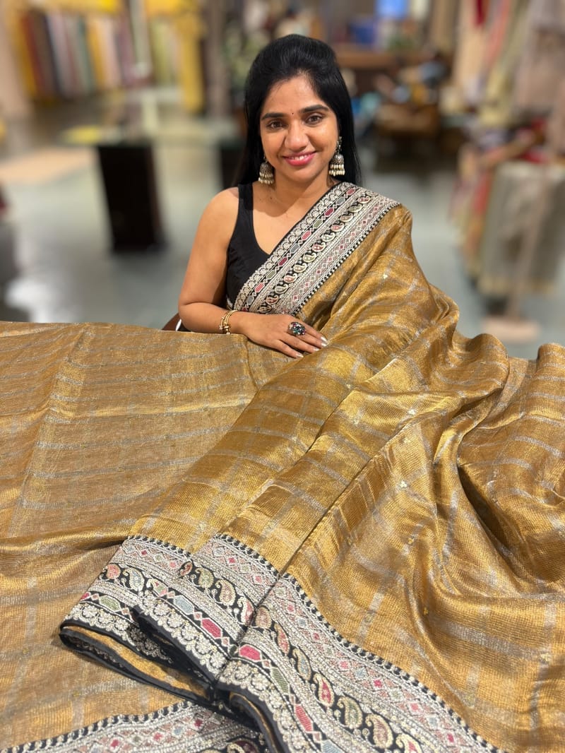 Antique Gold Tissue checks Saree with sabhyasachi borders