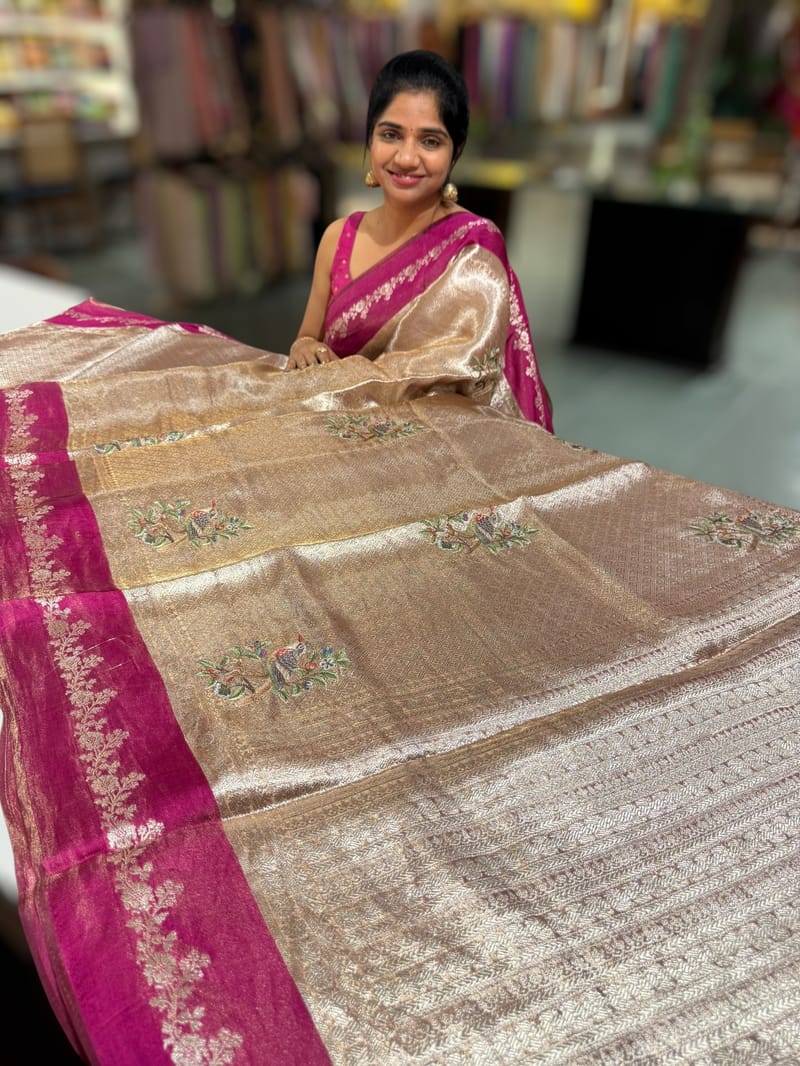 Dark Pink Banarasi Brocade Tissue with embroidery SS50224