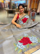 Navy Tussar Brocade Saree With Statement Red Rose Embroidery. SS50468