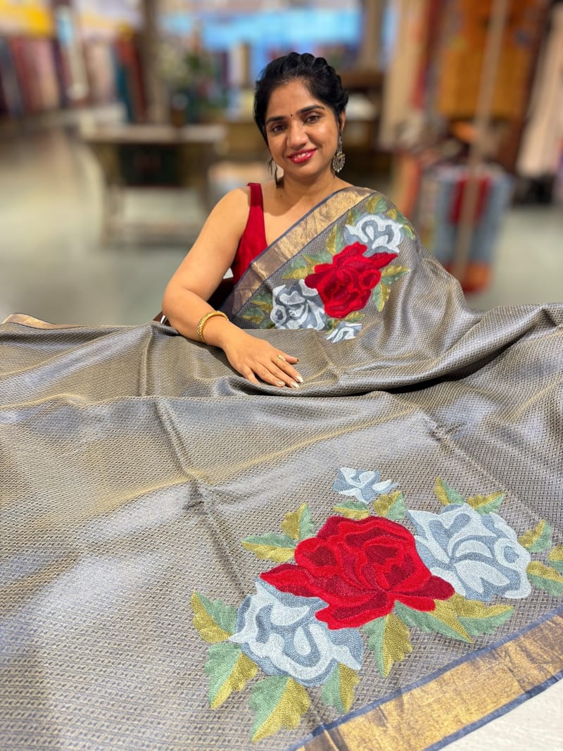 Navy Tussar Brocade Saree With Statement Red Rose Embroidery. SS50468