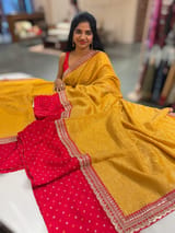 Yellow Pure Handloom Crush Tissue Saree with Bandhini Silk skirt borders & Sabhya borders