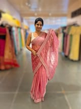 Coral Pink Pure Handloom Tissue checks Saree with sabyasachi borders SS50425