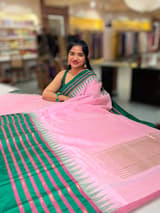 Lotus Pink Ponduru Khadi Saree  in 80’s Count with Kanchi Style Emerald Green borders