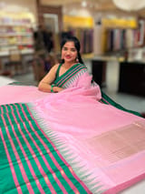 Lotus Pink Ponduru Khadi Saree  in 80’s Count with Kanchi Style Emerald Green borders