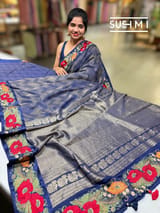 Midnight Blue mysore silk with embroidered border S62F061
