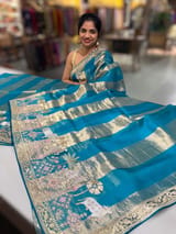 Peacock Blue Kora Tissue Stripes Saree With Jamdani  & Pichwai embroidered Border SS50481