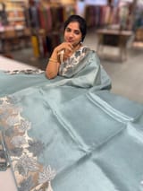 Dark Powder Blue Organza Saree with Stunning Leaf Embroidered Border SS50314