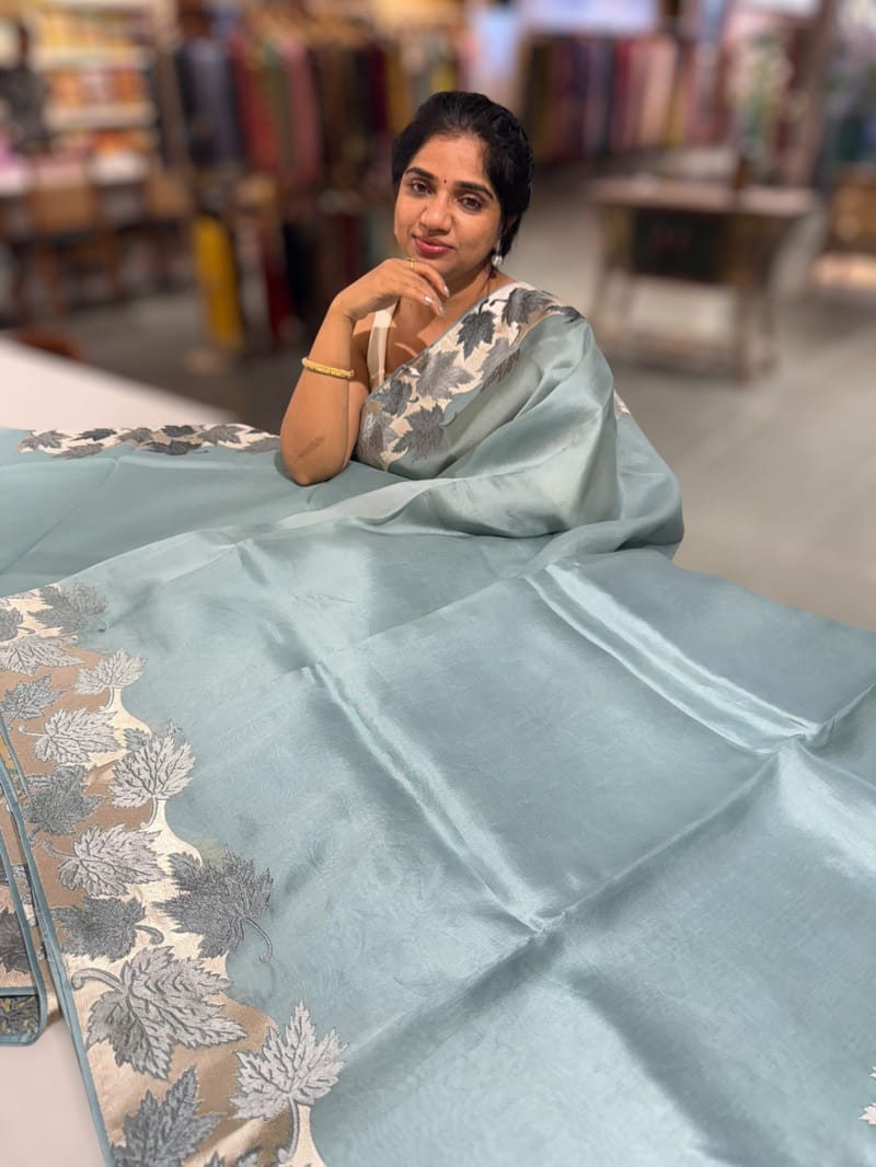 Dark Powder Blue Organza Saree with Stunning Leaf Embroidered Border SS50314