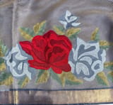 Navy Tussar Brocade Saree With Statement Red Rose Embroidery. SS50468