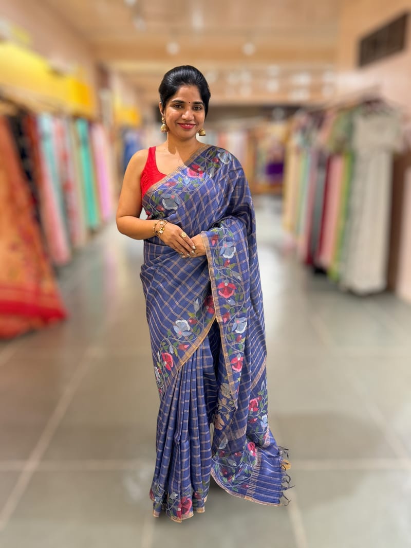 Cobalt Blue pure handloom Tussar Vintage Checks Saree with Jamdani inspired embroidered border SS50467