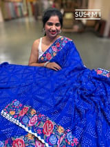Electric Blue Pure Gajji Silk Rai bandhej Saree with petite point embroidery