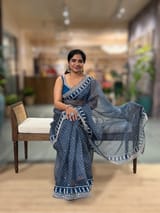 Kareena Kapoor Inspired Indigo Pure Organza Printed Saree with Handwork border and Blouse SS50313