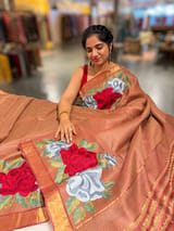 Rust Tussar Brocade Saree With Statement Red Rose Embroidery. SS50470
