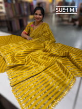 Mango Yellow Mul tissue stripes saree with fusion blouse : D62135