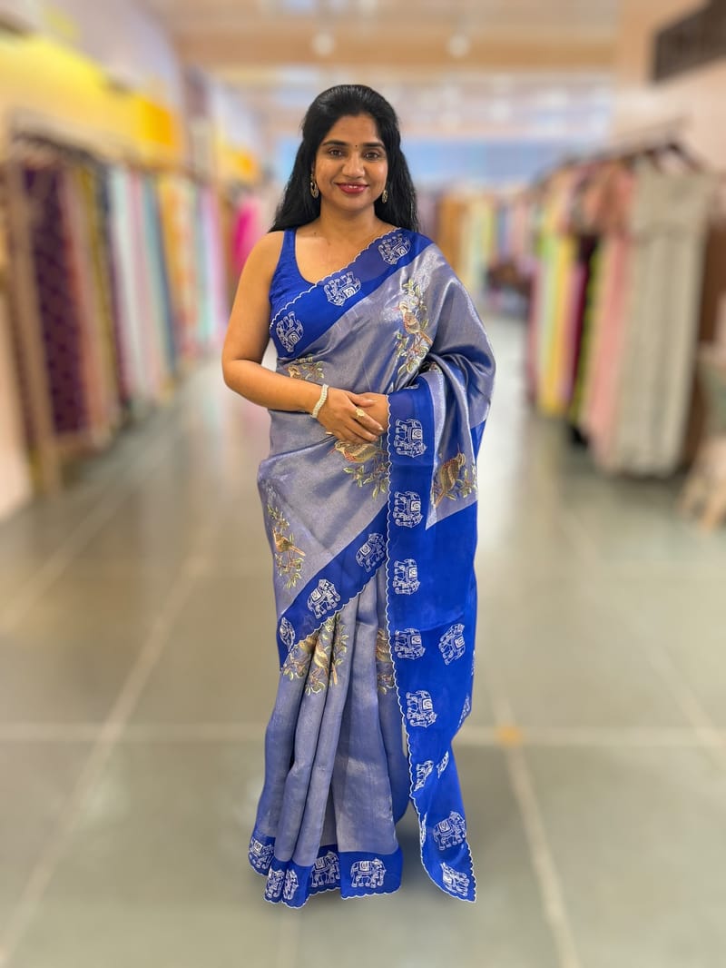 Electric Blue Premium Handloom Designer Tissue saree with exquisite embroidery