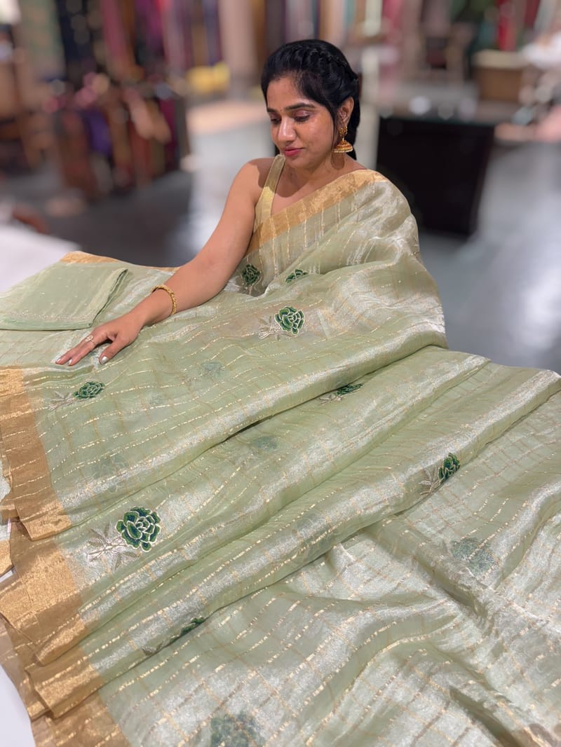 Pastel green checks tissue with allover rose embroidery SS50400