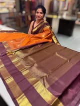 Rust Orange & coffee brown combo Kanchipuram Vintage checks  Saree SS50168