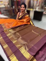 Rust Orange & coffee brown combo Kanchipuram Vintage checks  Saree SS50168