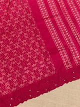Reddish Pink Cambodian–inspired Ikkat Silk Saree with cutwork Rose Border