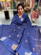 Midnight Blue  kora muslin sarees with kaduwa woven nandi motif border