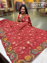 Maroon Silk kota and pen kalamkari fusion saree with pita emb
