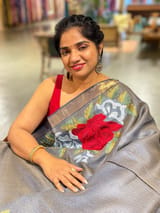 Navy Tussar Brocade Saree With Statement Red Rose Embroidery. SS50468