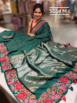 Bottle Green Mysore Silk Saree with petitepoint embroidery S62107