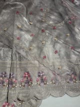 Greyish Silver Glass Organza Saree with allover embroidery SS50547