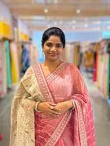 Coral Pink Pure Handloom Tissue checks Saree with sabyasachi borders SS50425