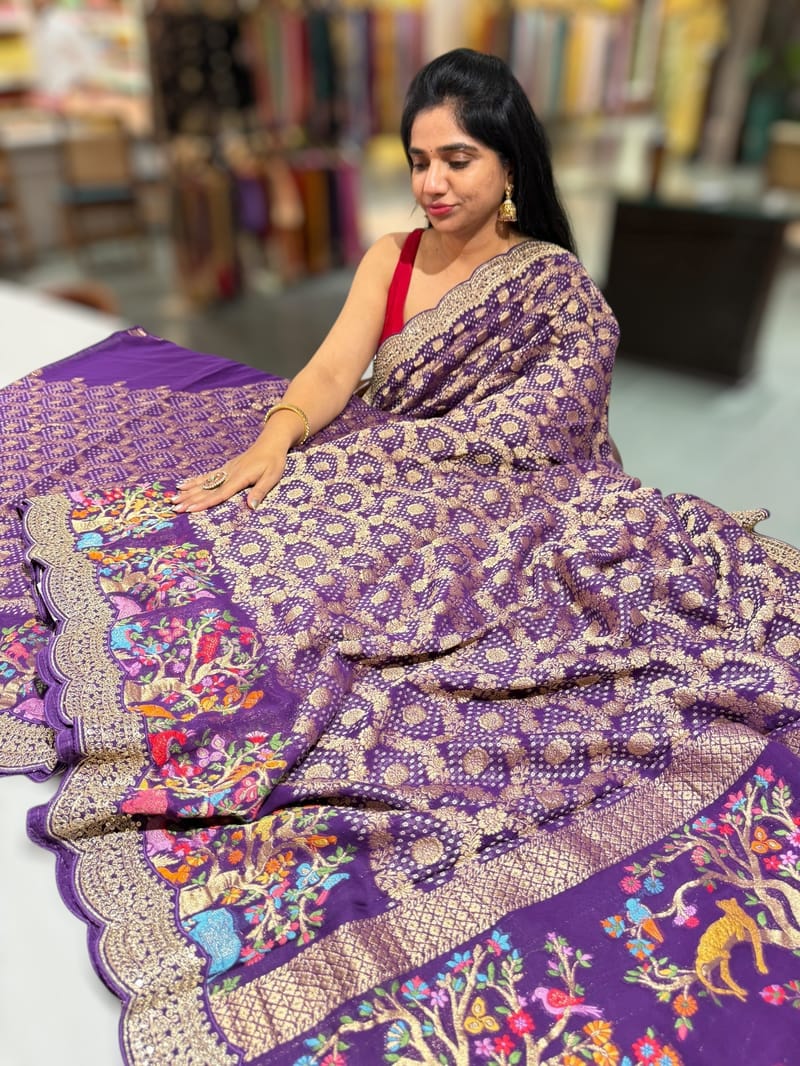 Brinjal Bandhini Georgette Saree with sabya style scallop border SS5050