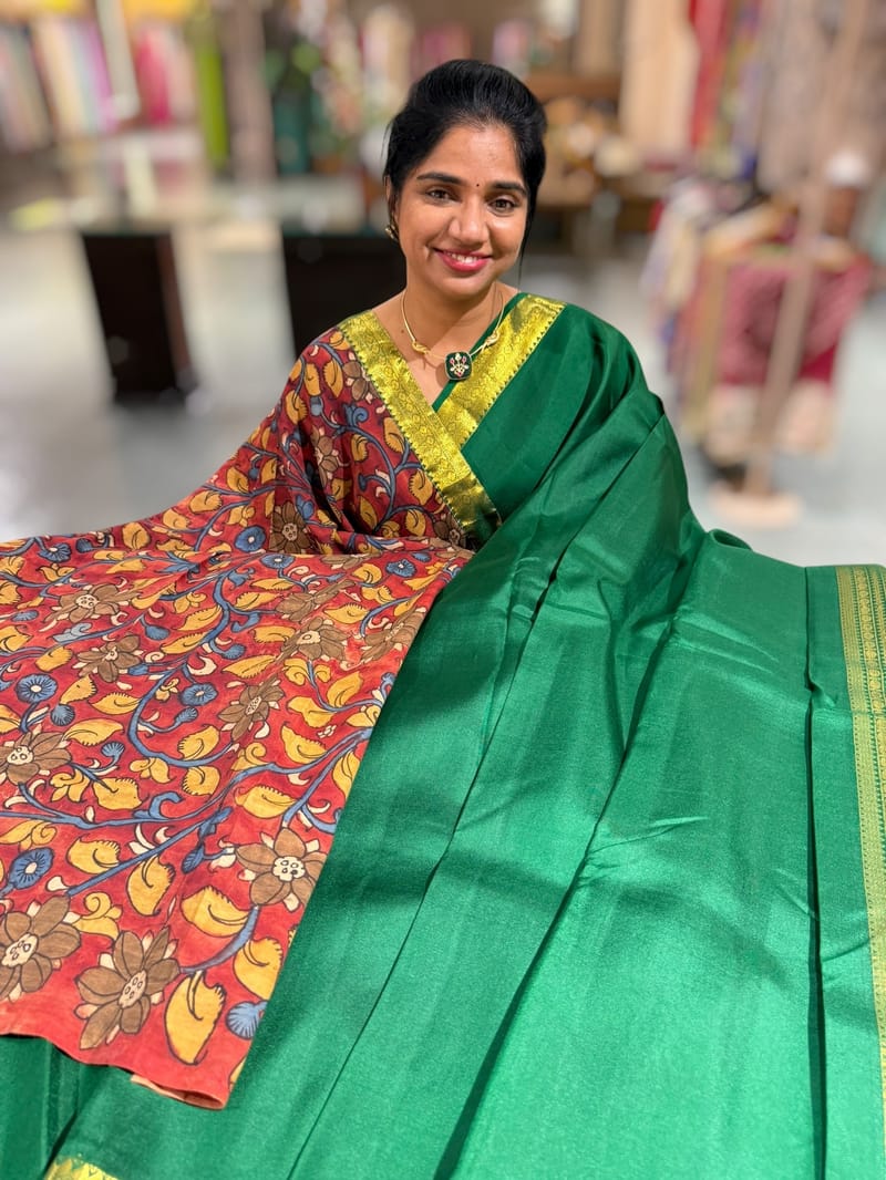 Emerald Green vintage Kanchipuram silk saree with pen kalamkari blousel SS50181