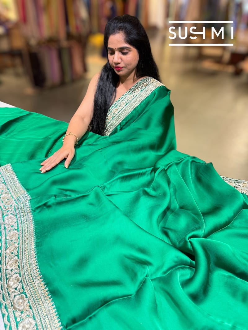 Emerald Green Satin Saree with sabyasachi borders : D62F045