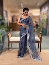 Kareena Kapoor Inspired Indigo Pure Organza Printed Saree with Handwork border and Blouse SS50313