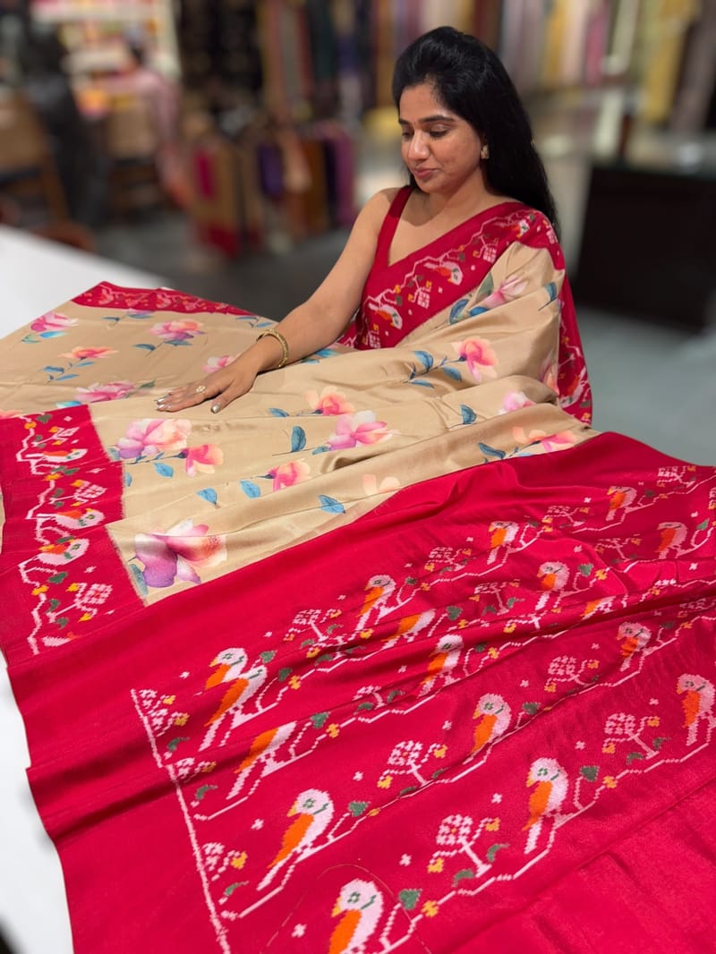 Chickoo & Red combo Printed ikkath Patola saree