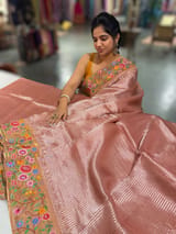 Dusty Pink Tissue Stripes Saree with petite point Embroidered tissue border and blouse . SS50423