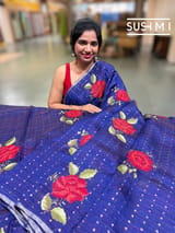 Purplish Blue muslin tissue stripes saree with hibuscus emb