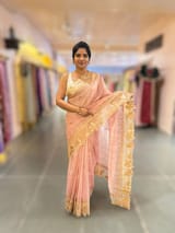 Pastel Pink Mul Tissue Stripes Saree With Tissue Cutwork  Border & Blouse