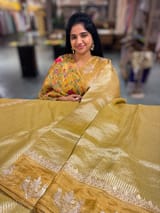 Yellow Kora tissue stripes Saree with embroidery