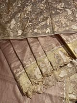 Nude/ Dusty Pink Mul Tissue Stripes Saree With Tissue Cutwork  Border & Blouse