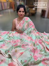 Seagreen printed georgette saree with handwork : S62F201