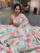 Seagreen printed georgette saree with handwork : S62F201
