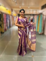 Purple Banarasi Handloom Kora Tissue Stripes with allover kaduwa woven lotus  motifs .