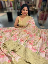 Baby Pink Banarasi Munga Printed Tussar Khaddi With Tissue cutwork Rose Border SS50464