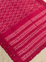 Reddish Pink Cambodian–inspired Ikkat Silk Saree with cutwork Rose Border