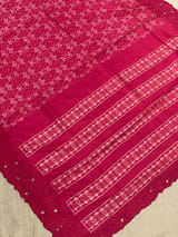 Reddish Pink Cambodian–inspired Ikkat Silk Saree with cutwork Rose Border
